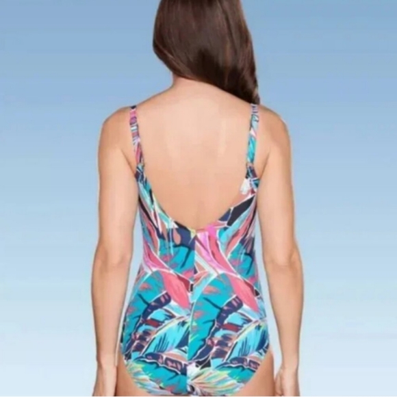 Aqua Green Multi Tropical Shirred V-Neck One Piece Swimsuit - - Picture 3 of 3